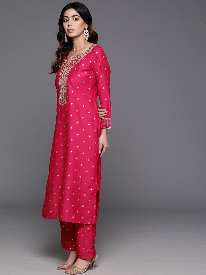 Pink Woven Design Silk Blend Straight Kurta With Trousers & Dupatta - ShopLibas