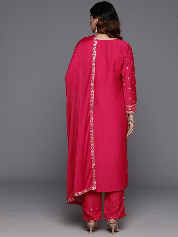 Pink Woven Design Silk Blend Straight Kurta With Trousers & Dupatta - ShopLibas