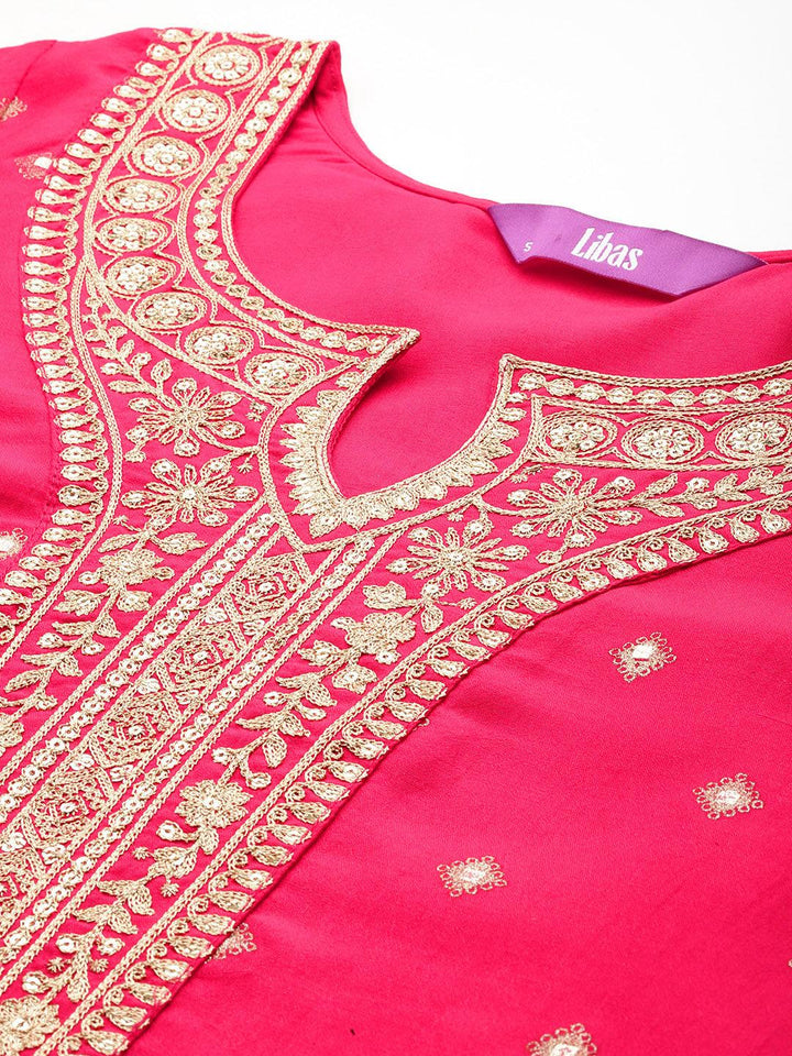 Pink Woven Design Silk Blend Straight Kurta With Trousers & Dupatta - ShopLibas