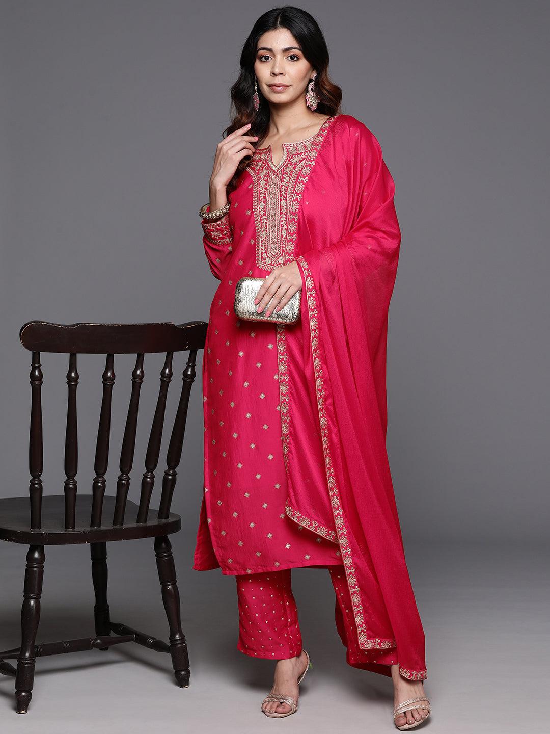 Pink Woven Design Silk Blend Straight Kurta With Trousers & Dupatta - ShopLibas