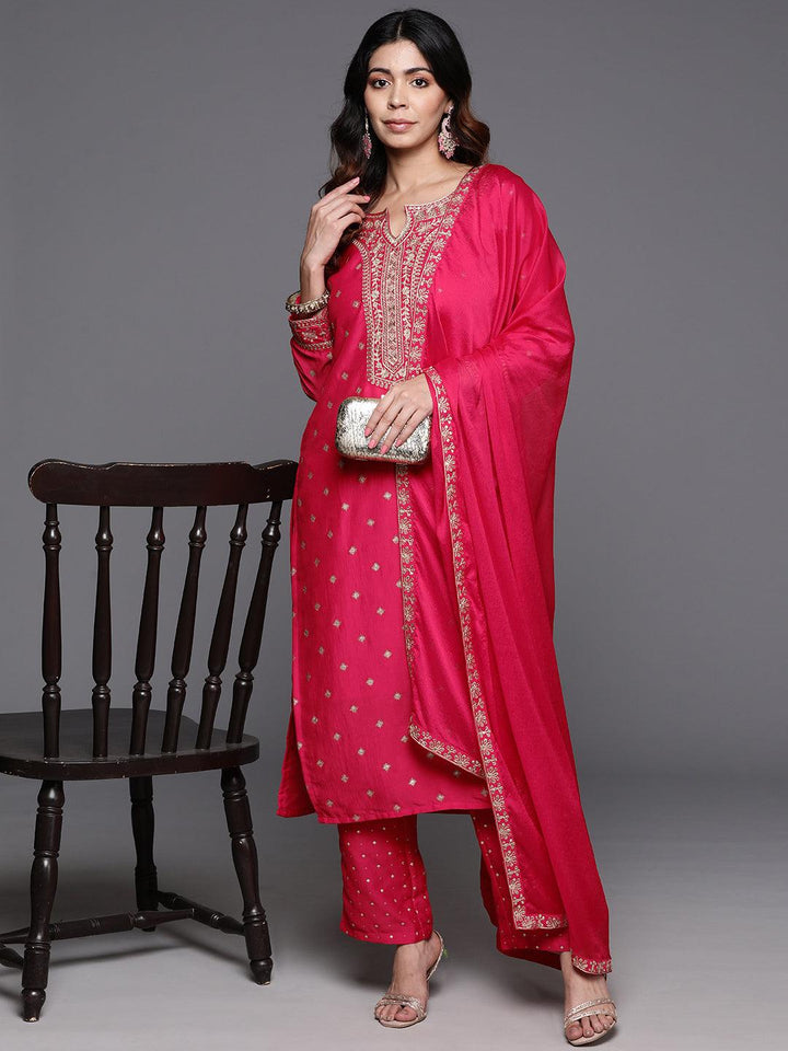 Pink Woven Design Silk Blend Straight Kurta With Trousers & Dupatta - ShopLibas