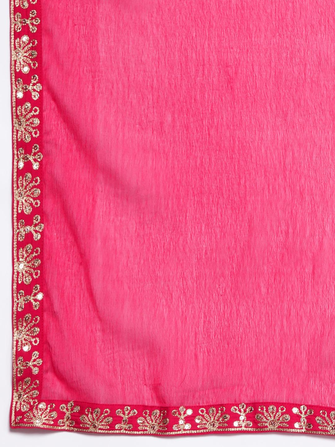 Pink Woven Design Silk Blend Straight Kurta With Trousers & Dupatta - ShopLibas