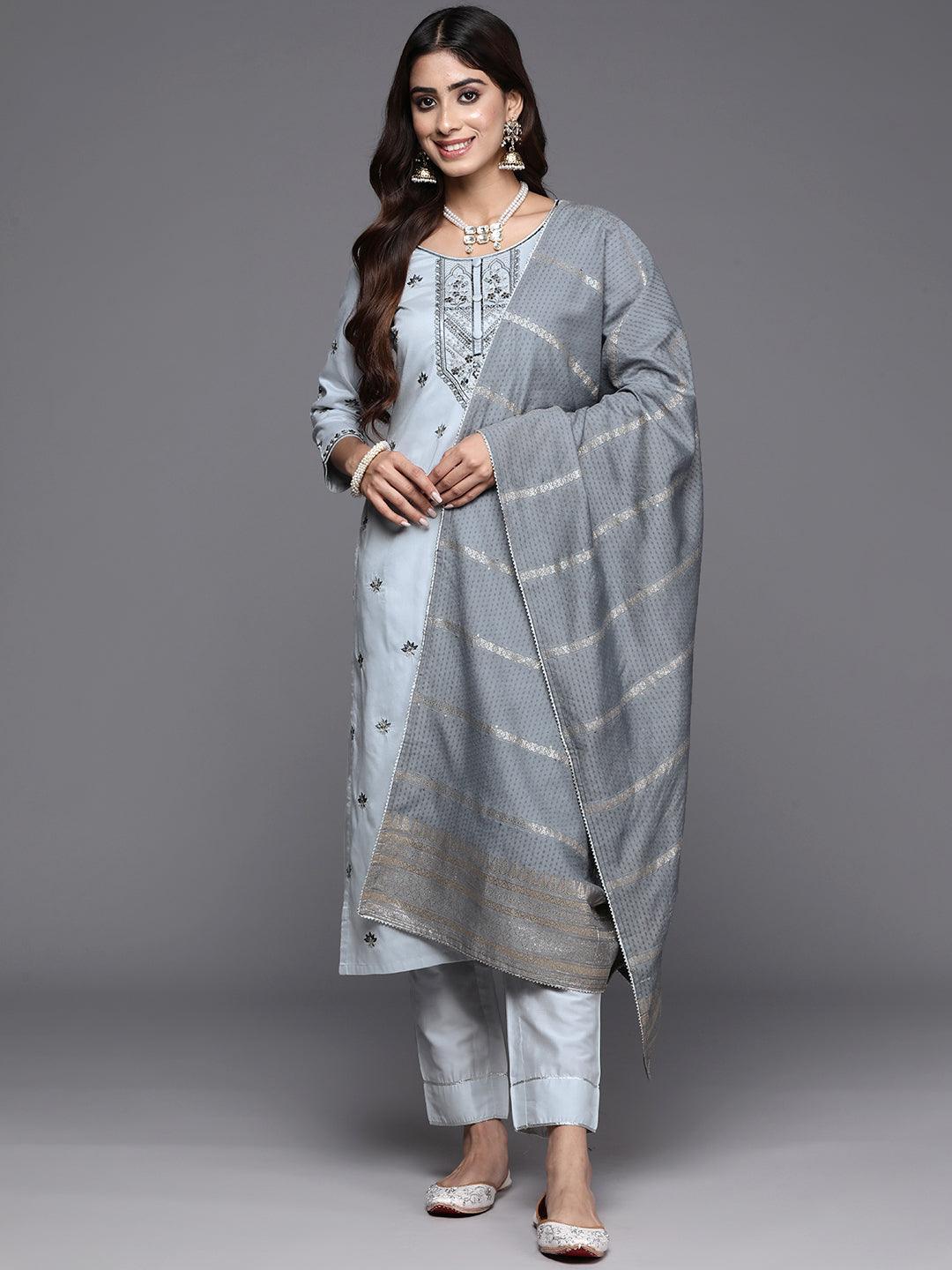 Grey Embroidered Silk Blend Straight Kurta With Trousers & Dupatta - ShopLibas