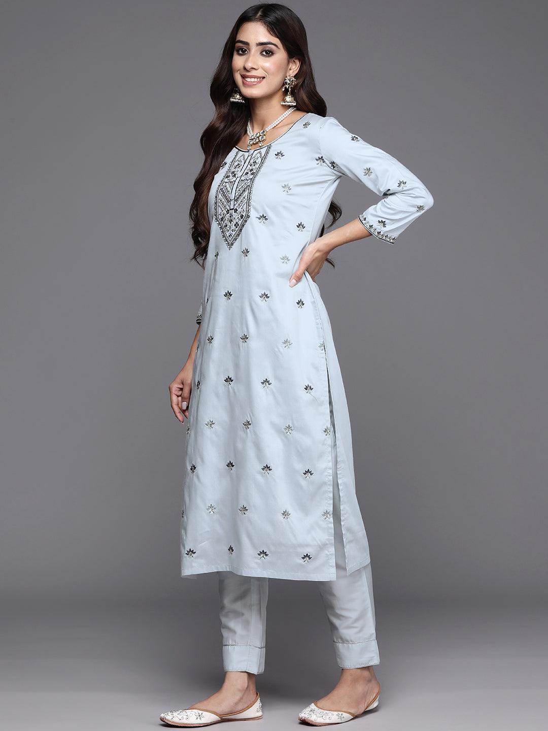 Grey Embroidered Silk Blend Straight Kurta With Trousers & Dupatta - ShopLibas