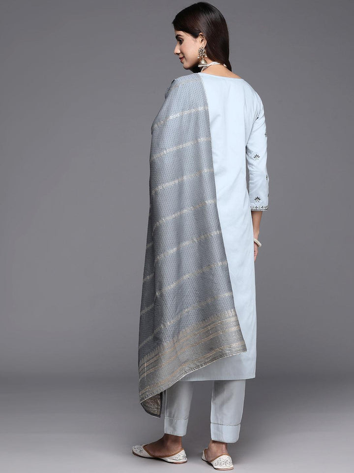 Grey Embroidered Silk Blend Straight Kurta With Trousers & Dupatta - ShopLibas