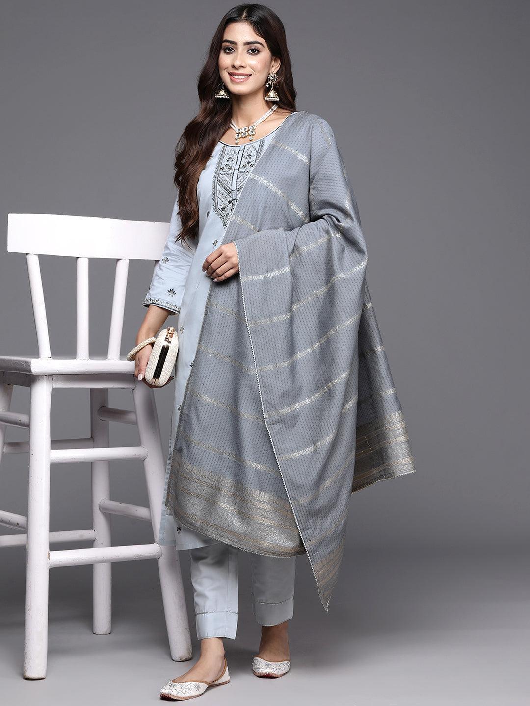 Grey Embroidered Silk Blend Straight Kurta With Trousers & Dupatta - ShopLibas