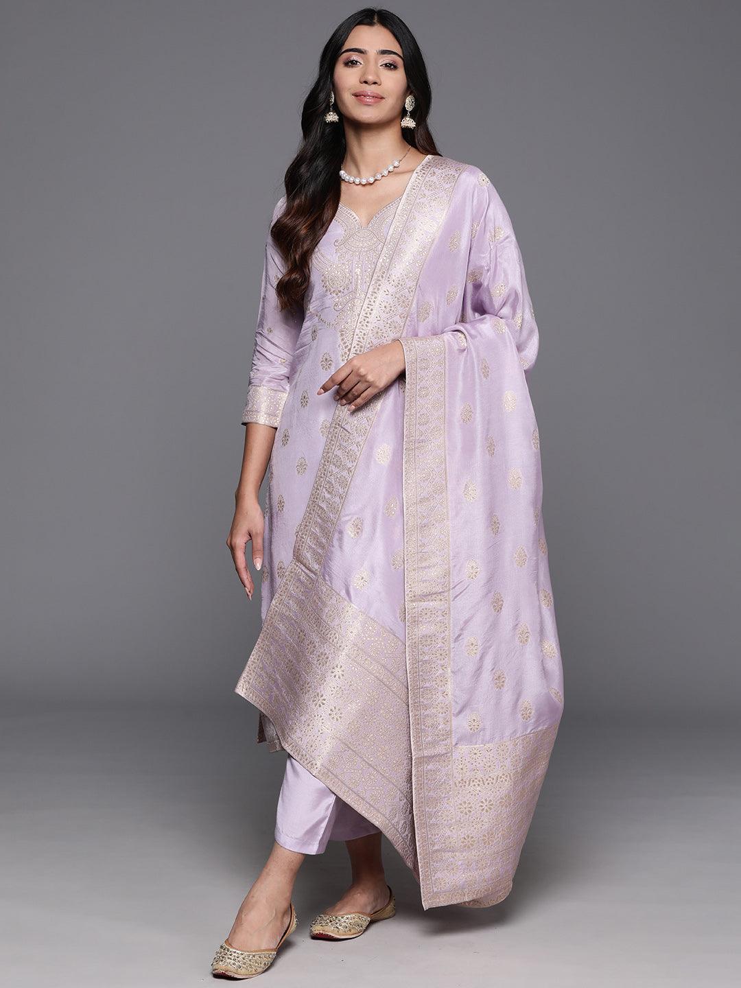 Lavender Woven Design Silk Blend Straight Kurta With Trousers & Dupatta - ShopLibas