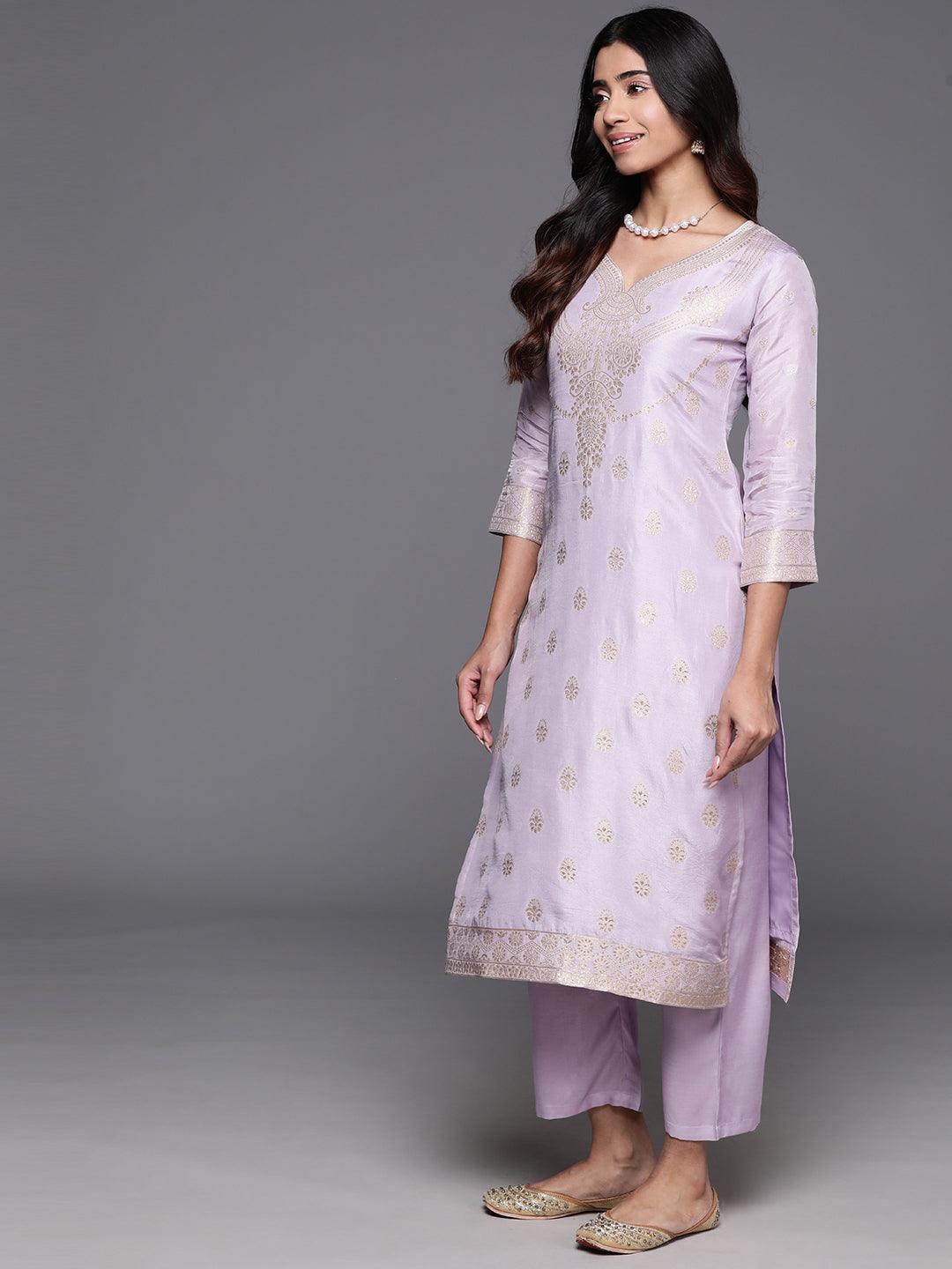 Lavender Woven Design Silk Blend Straight Kurta With Trousers & Dupatta - ShopLibas