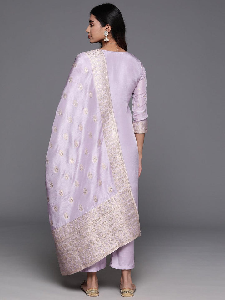 Lavender Woven Design Silk Blend Straight Kurta With Trousers & Dupatta - ShopLibas