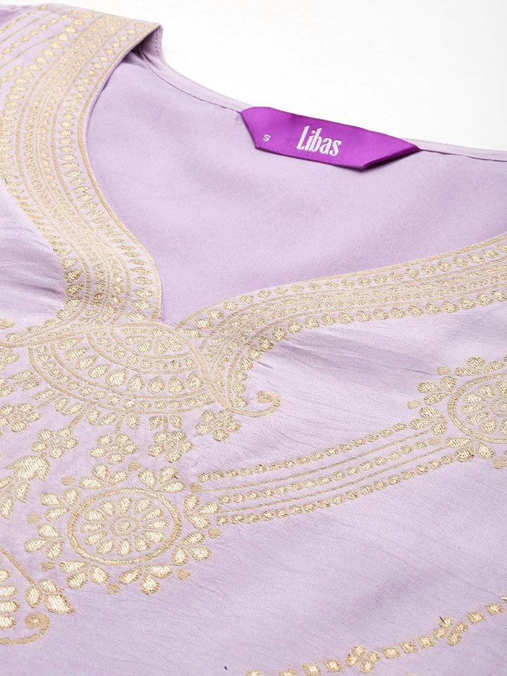 Lavender Woven Design Silk Blend Straight Kurta With Trousers & Dupatta - ShopLibas