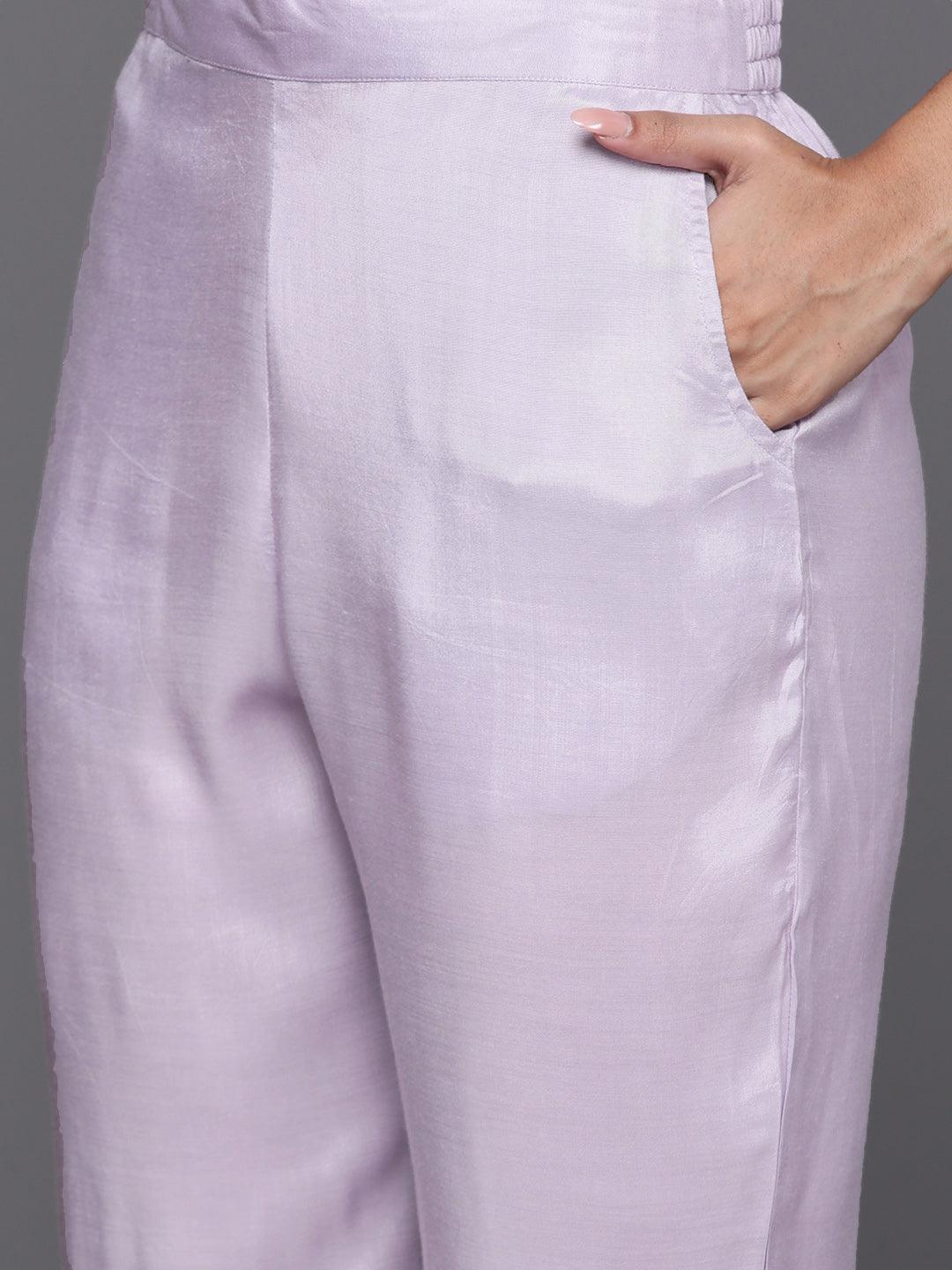 Lavender Woven Design Silk Blend Straight Kurta With Trousers & Dupatta - ShopLibas