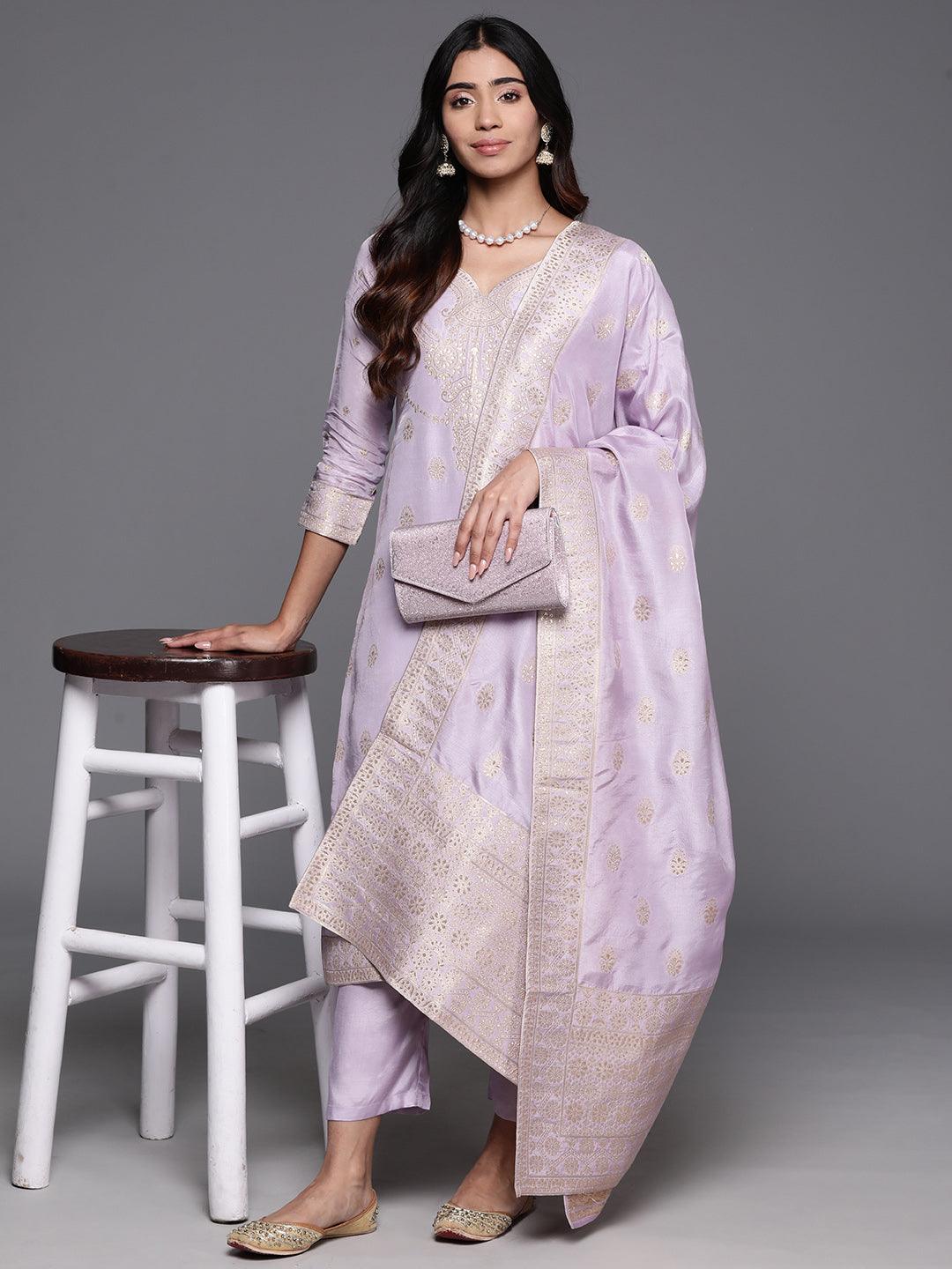 Lavender Woven Design Silk Blend Straight Kurta With Trousers & Dupatta - ShopLibas