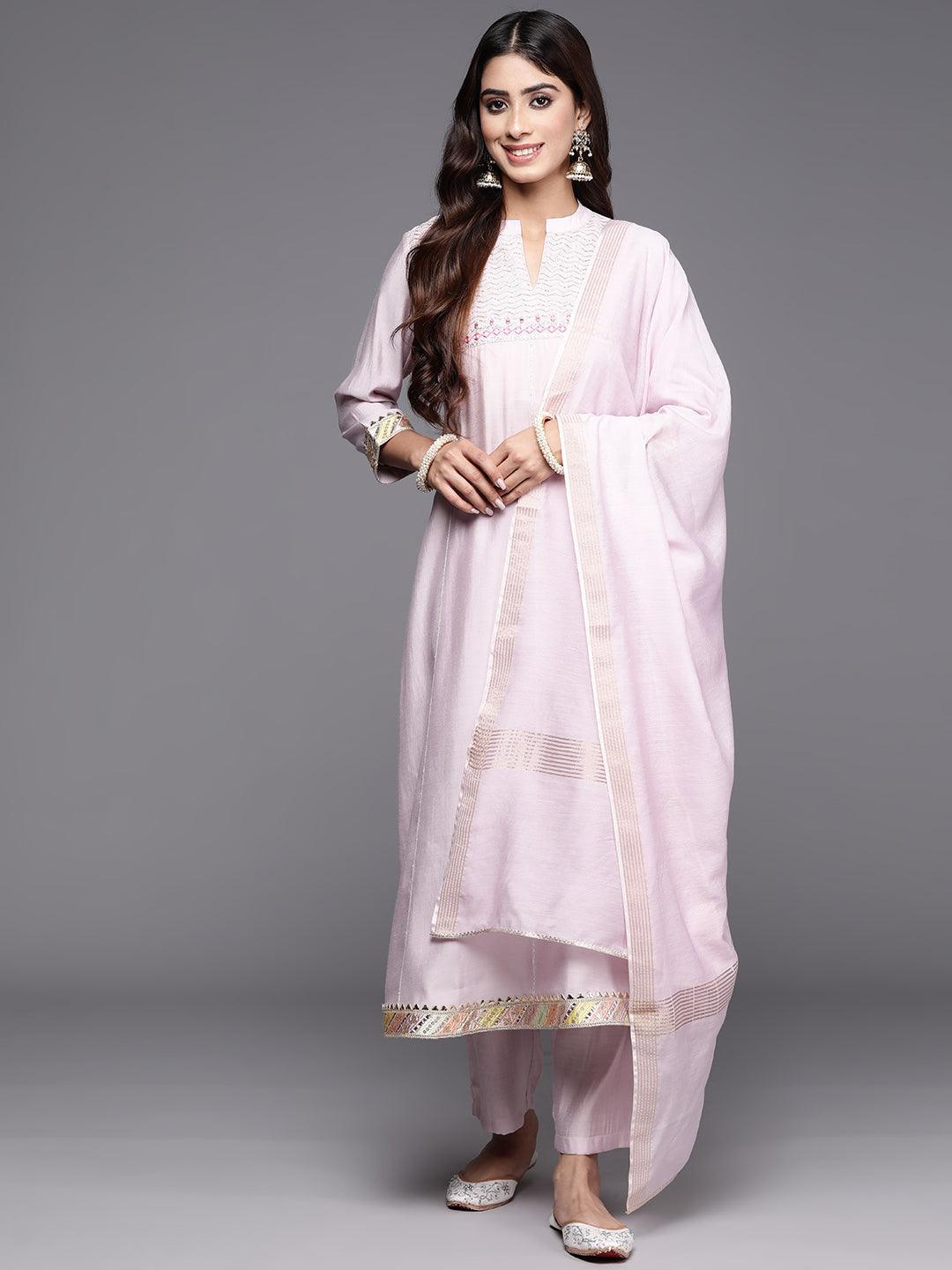 Pink Yoke Design Silk Blend A-Line Kurta With Trousers & Dupatta