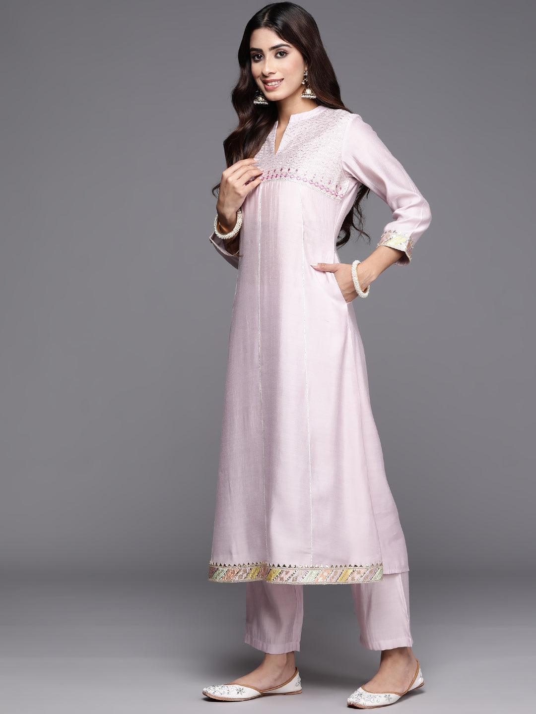 Pink Yoke Design Silk Blend A-Line Kurta With Trousers & Dupatta