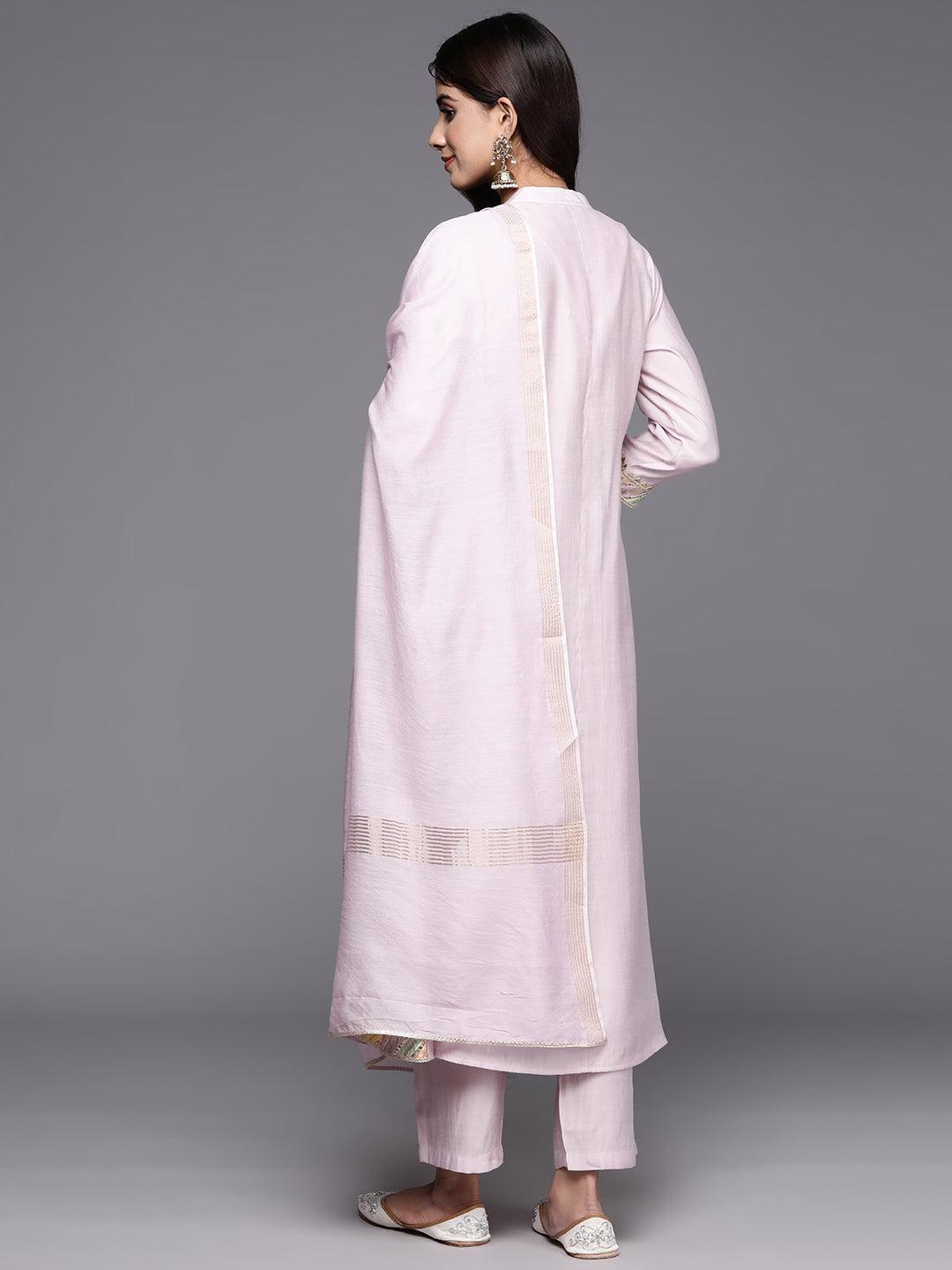 Pink Yoke Design Silk Blend A-Line Kurta With Trousers & Dupatta