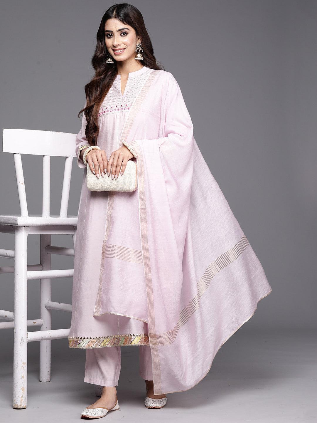 Pink Yoke Design Silk Blend A-Line Kurta With Trousers & Dupatta