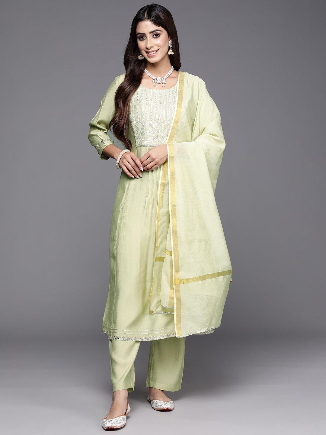 Green Yoke Design Silk Blend A-Line Kurta With Trousers & Dupatta - ShopLibas