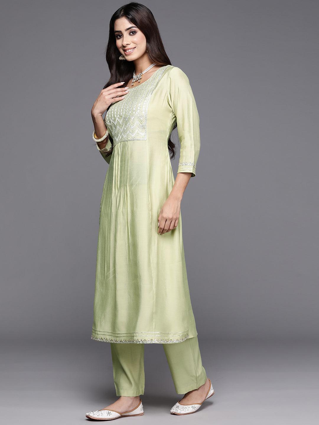 Green Yoke Design Silk Blend A-Line Kurta With Trousers & Dupatta - ShopLibas