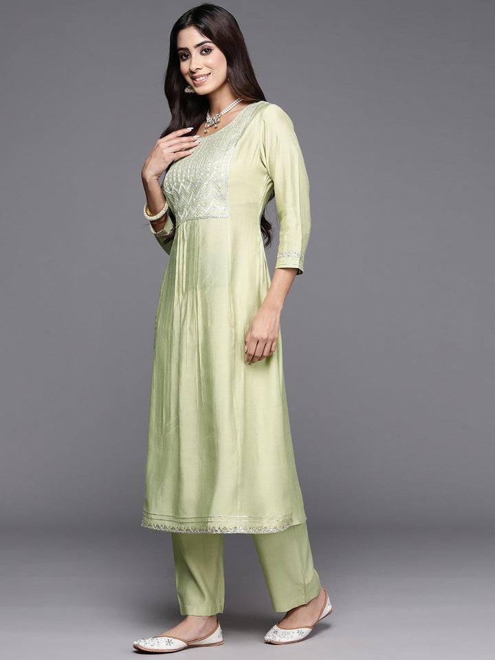 Green Yoke Design Silk Blend A-Line Kurta With Trousers & Dupatta - ShopLibas