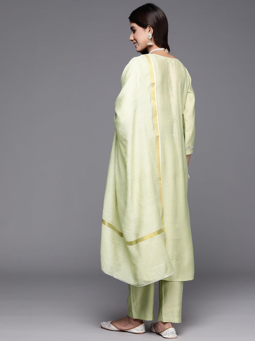 Green Yoke Design Silk Blend A-Line Kurta With Trousers & Dupatta