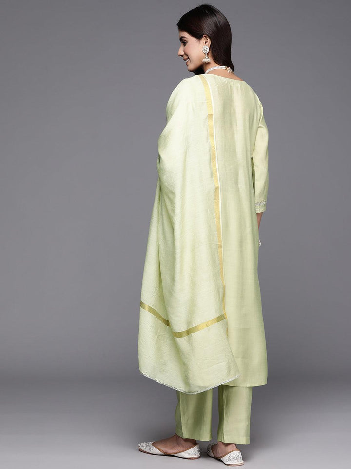 Green Yoke Design Silk Blend A-Line Kurta With Trousers & Dupatta - ShopLibas