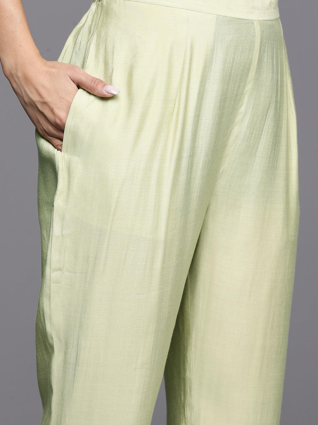 Green Yoke Design Silk Blend A-Line Kurta With Trousers & Dupatta