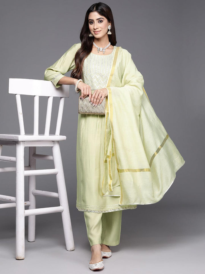 Green Yoke Design Silk Blend A-Line Kurta With Trousers & Dupatta - ShopLibas