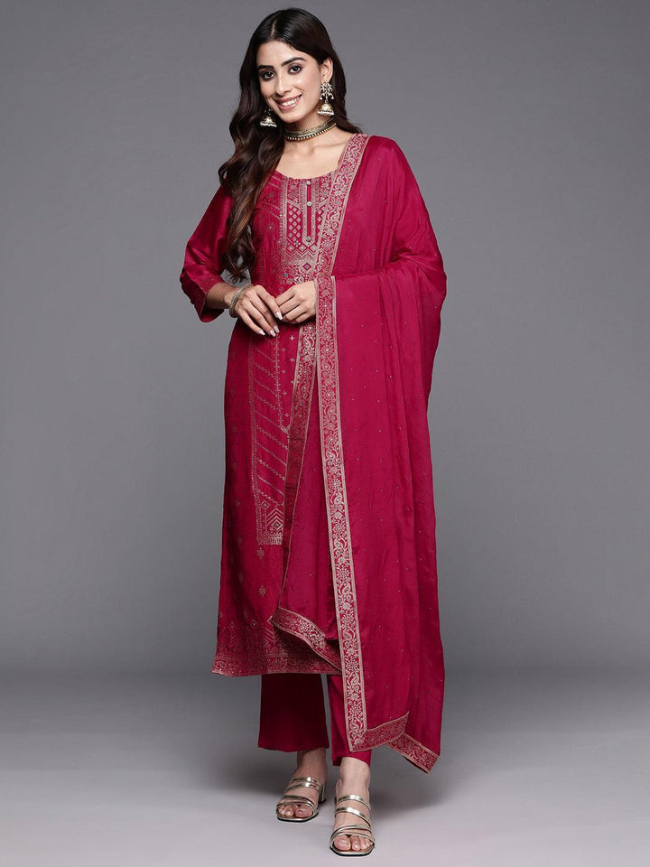 Pink Woven Design Silk Blend Straight Kurta With Palazzos & Dupatta - ShopLibas