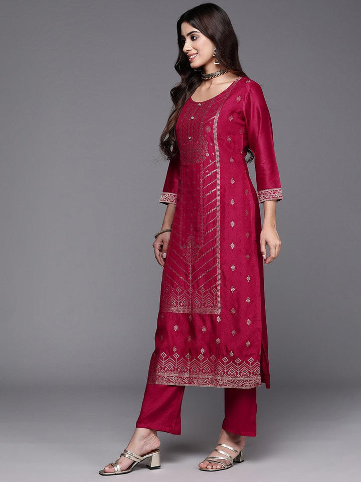 Pink Woven Design Silk Blend Straight Kurta With Palazzos & Dupatta - ShopLibas