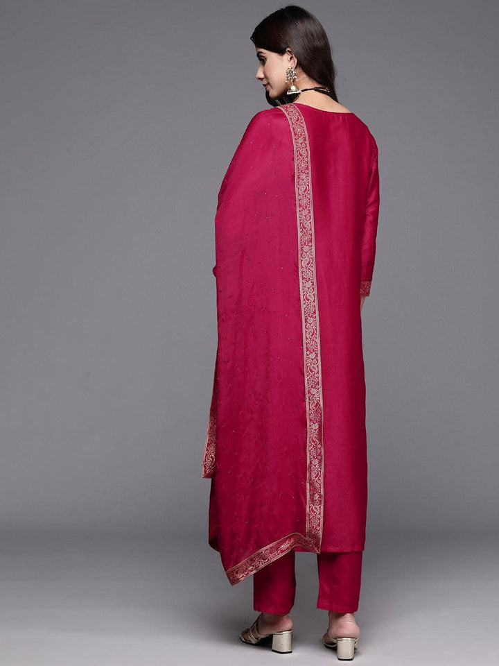 Pink Woven Design Silk Blend Straight Kurta With Palazzos & Dupatta - ShopLibas