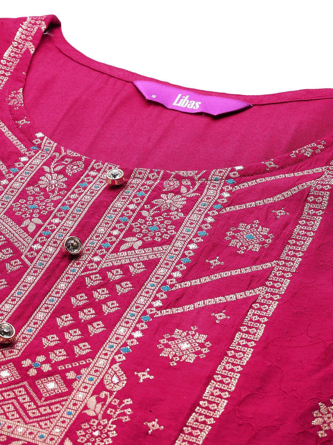 Pink Woven Design Silk Blend Straight Kurta With Palazzos & Dupatta - ShopLibas