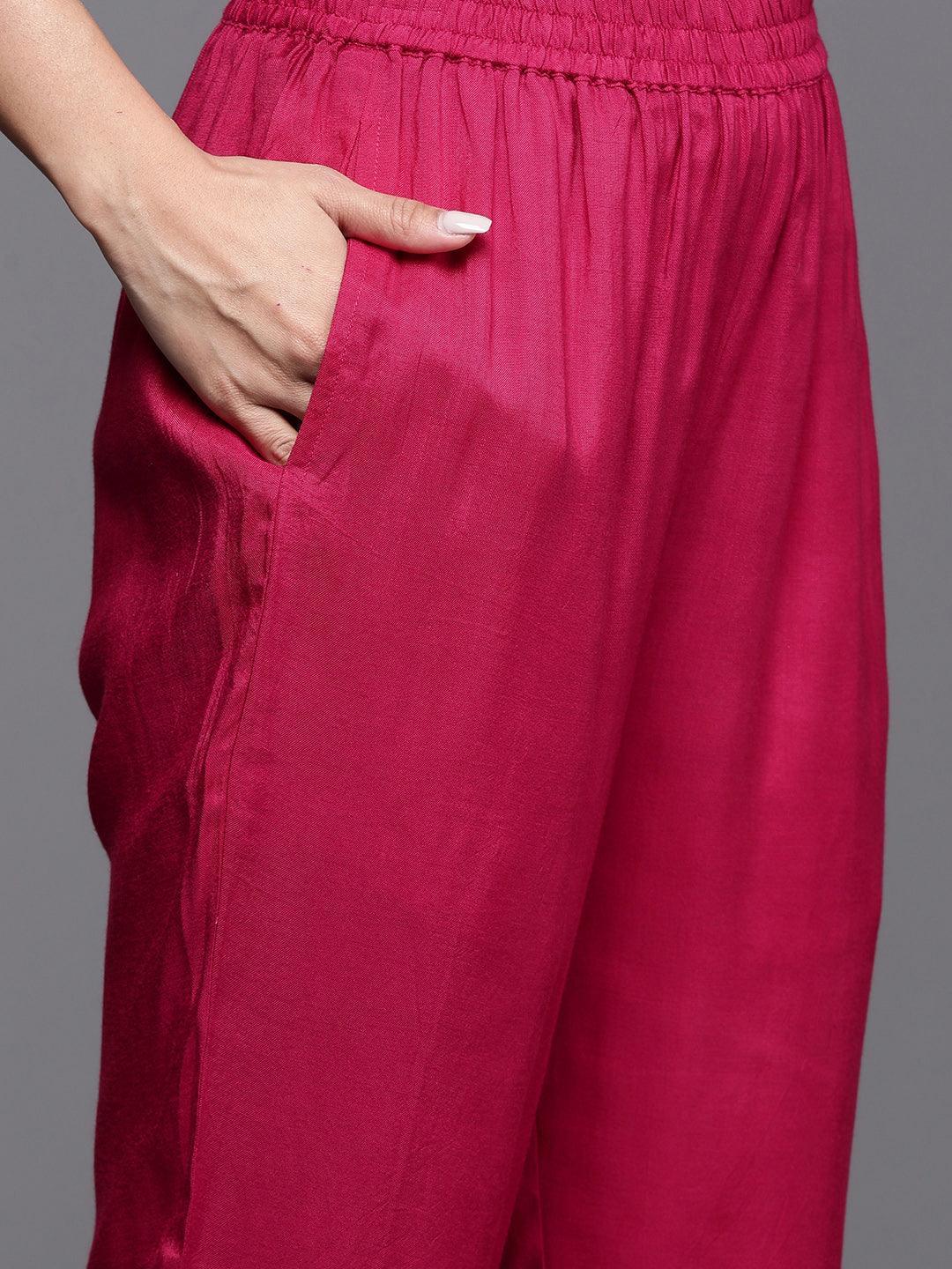 Pink Woven Design Silk Blend Straight Kurta With Palazzos & Dupatta - ShopLibas