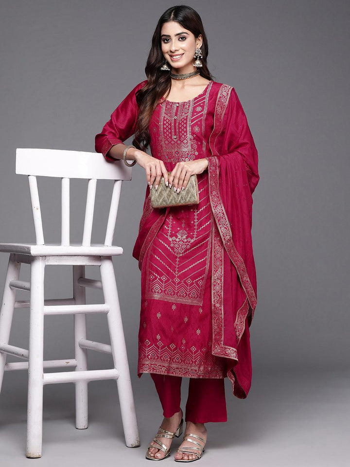 Pink Woven Design Silk Blend Straight Kurta With Palazzos & Dupatta - ShopLibas