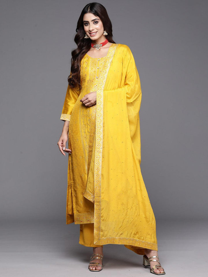 Yellow Woven Design Silk Blend Straight Kurta With Palazzos & Dupatta - ShopLibas