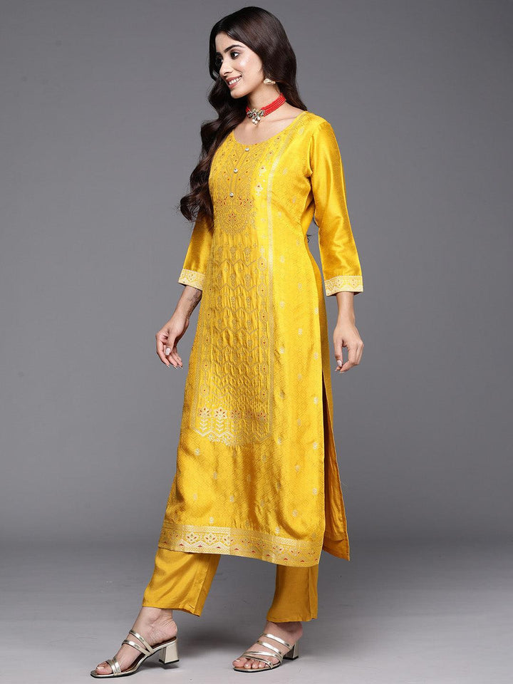 Yellow Woven Design Silk Blend Straight Kurta With Palazzos & Dupatta - ShopLibas