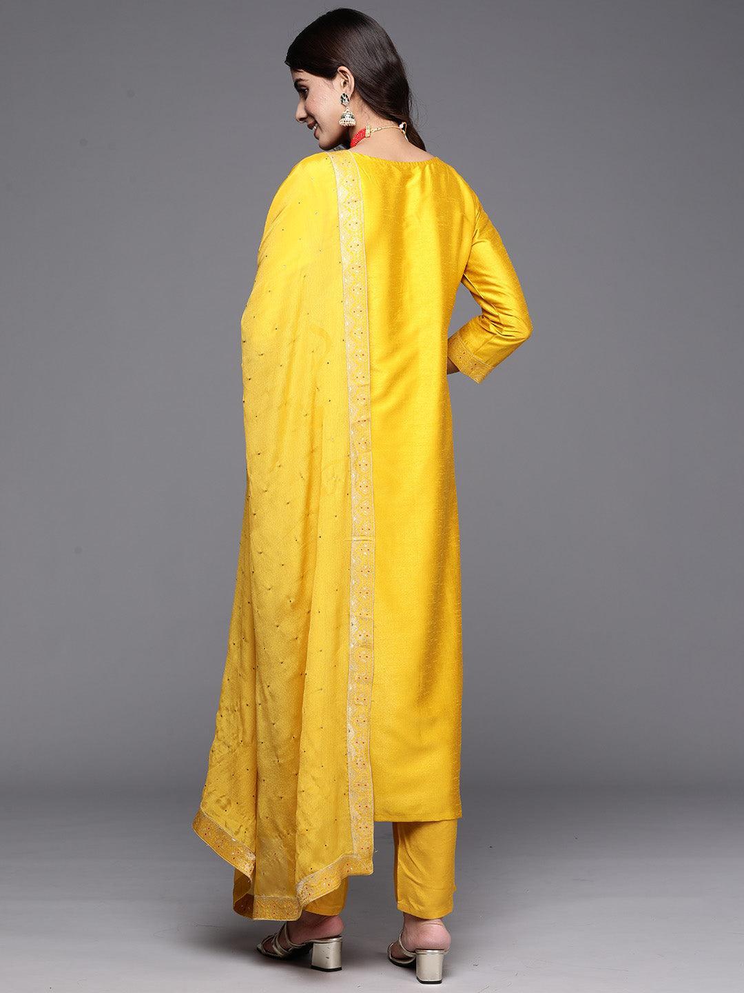 Yellow Woven Design Silk Blend Straight Kurta With Palazzos & Dupatta - ShopLibas