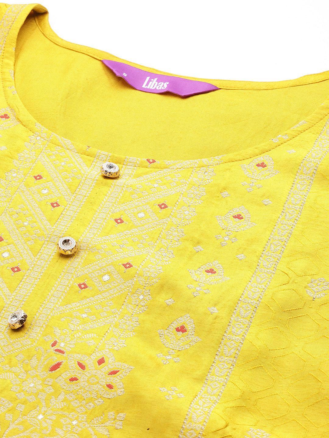 Yellow Woven Design Silk Blend Straight Kurta With Palazzos & Dupatta - ShopLibas