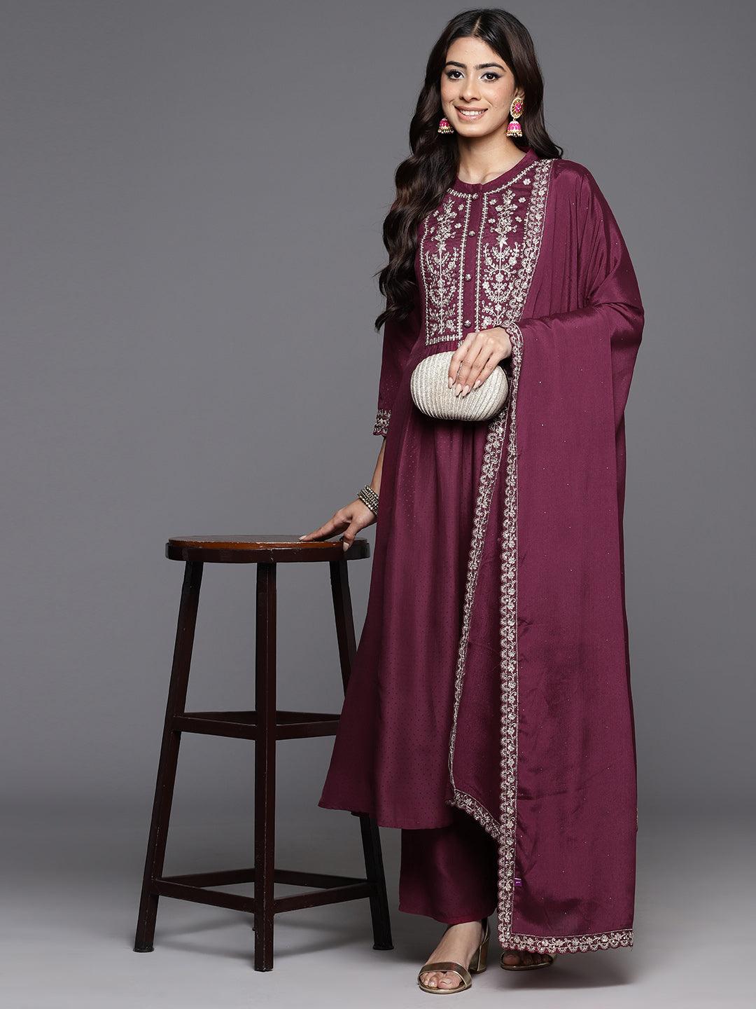 Wine Yoke Design Silk Blend Anarkali Suit With Dupatta