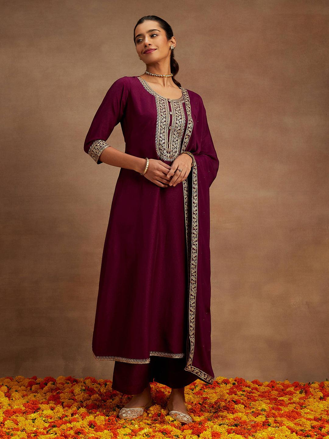 Purple Yoke Design Silk Blend A-Line Kurta With Palazzos & Dupatta