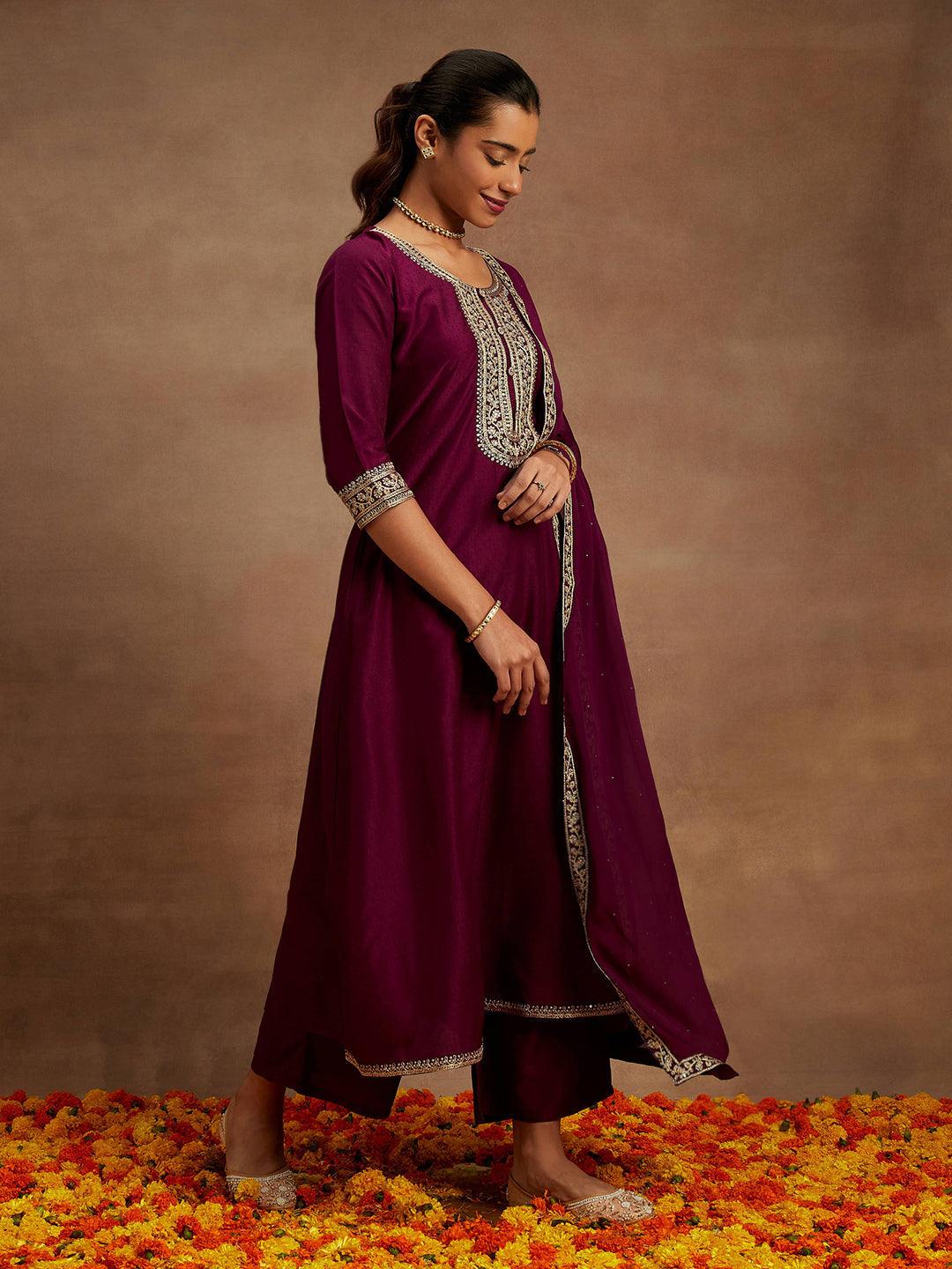 Purple Yoke Design Silk Blend A-Line Kurta With Palazzos & Dupatta