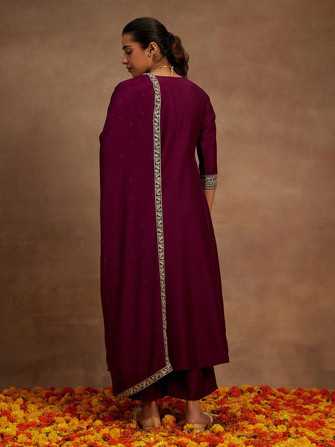 Purple Yoke Design Silk Blend A-Line Kurta With Palazzos & Dupatta