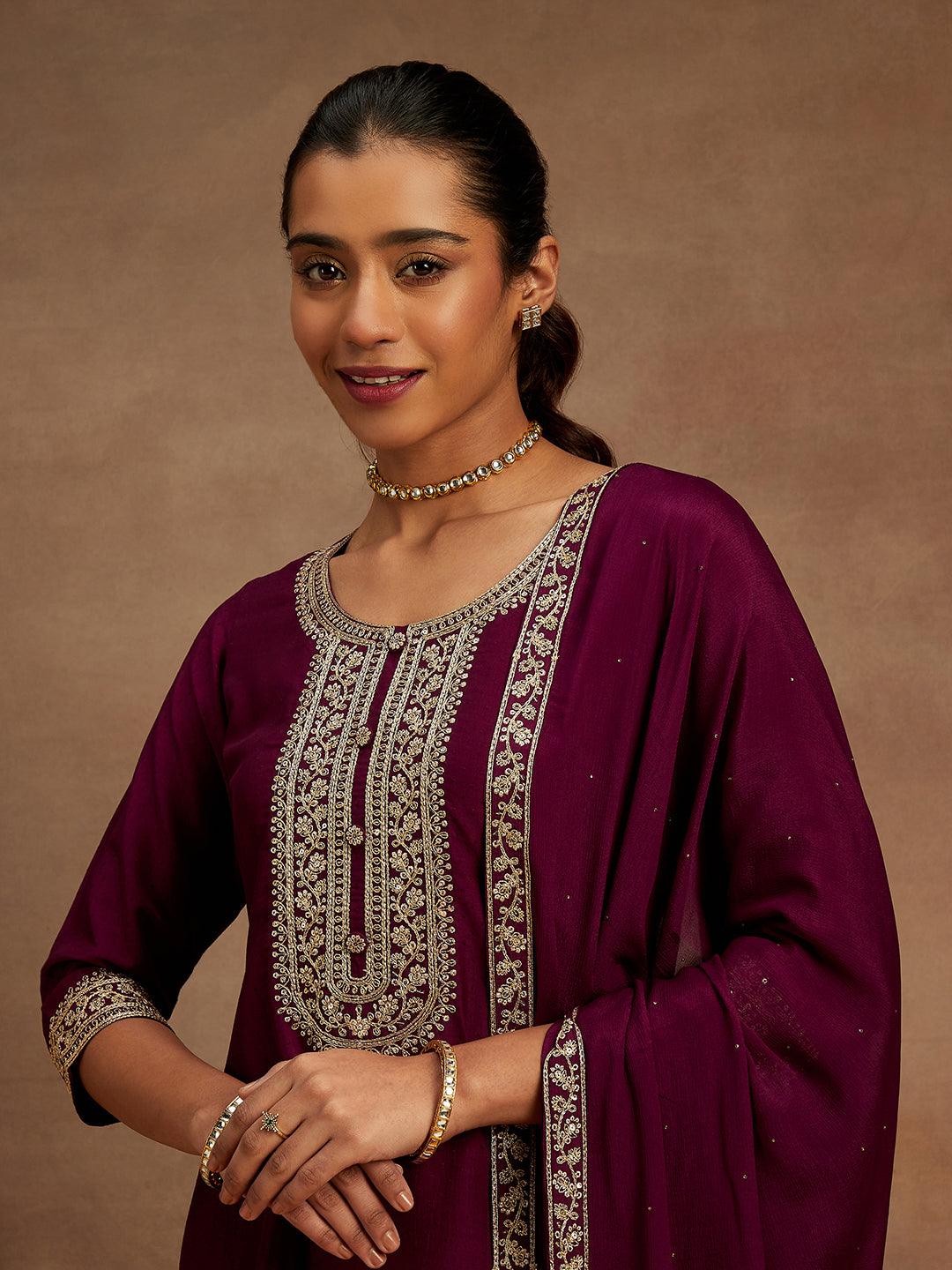 Purple Yoke Design Silk Blend A-Line Kurta With Palazzos & Dupatta