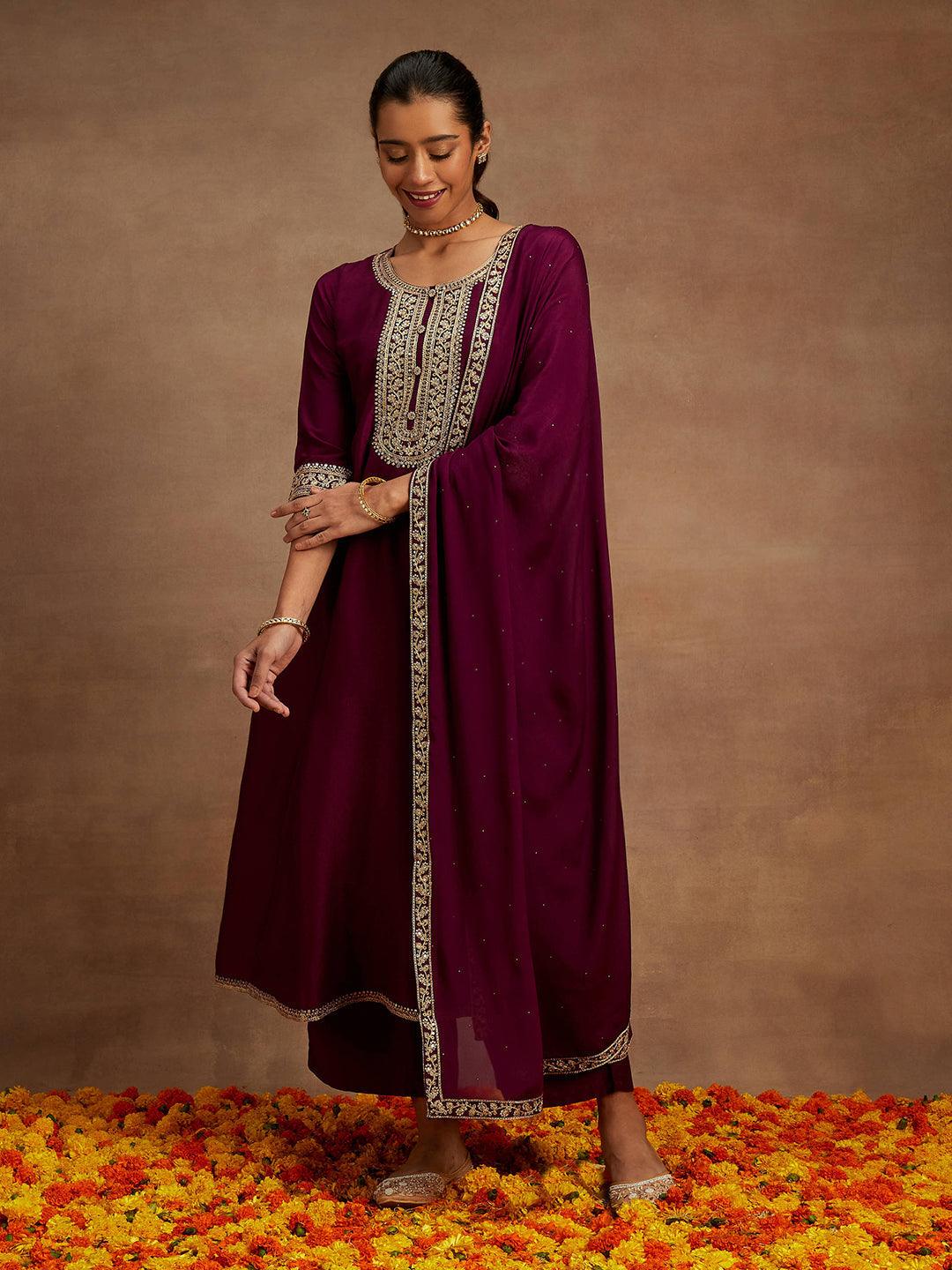 Purple Yoke Design Silk Blend A-Line Kurta With Palazzos & Dupatta