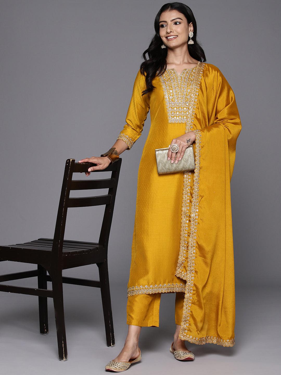 Mustard Yoke Design Silk Blend Straight Kurta With Palazzos & Dupatta - ShopLibas