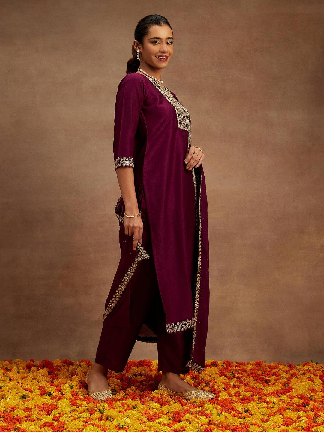 Purple Yoke Design Silk Blend Straight Kurta With Palazzos & Dupatta - ShopLibas