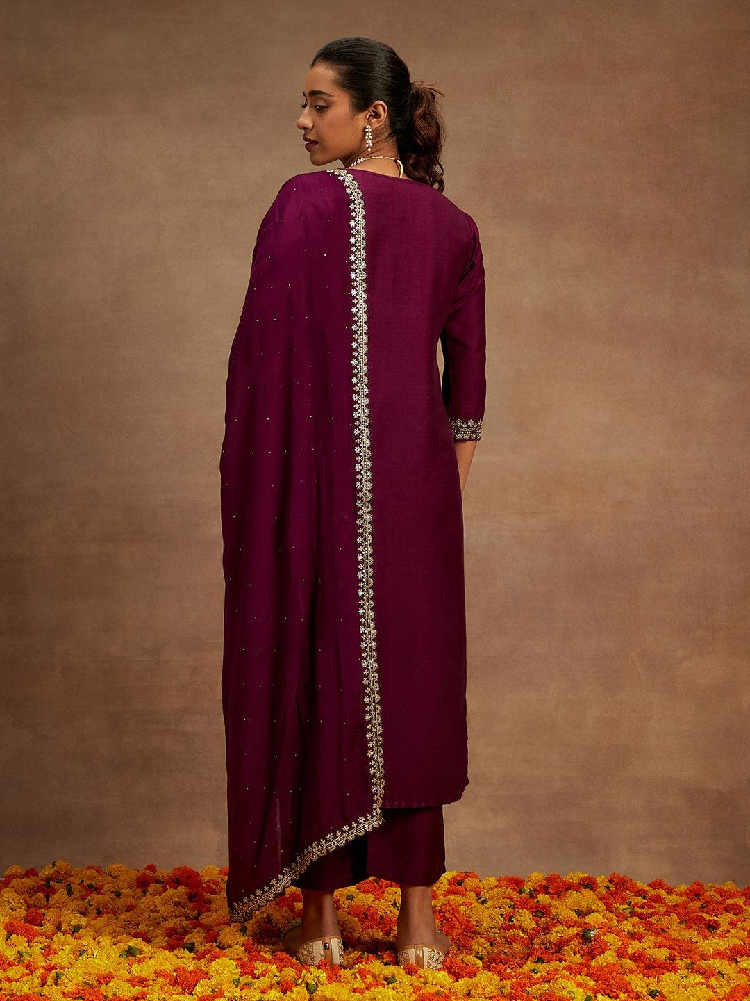 Purple Yoke Design Silk Blend Straight Kurta With Palazzos & Dupatta - ShopLibas