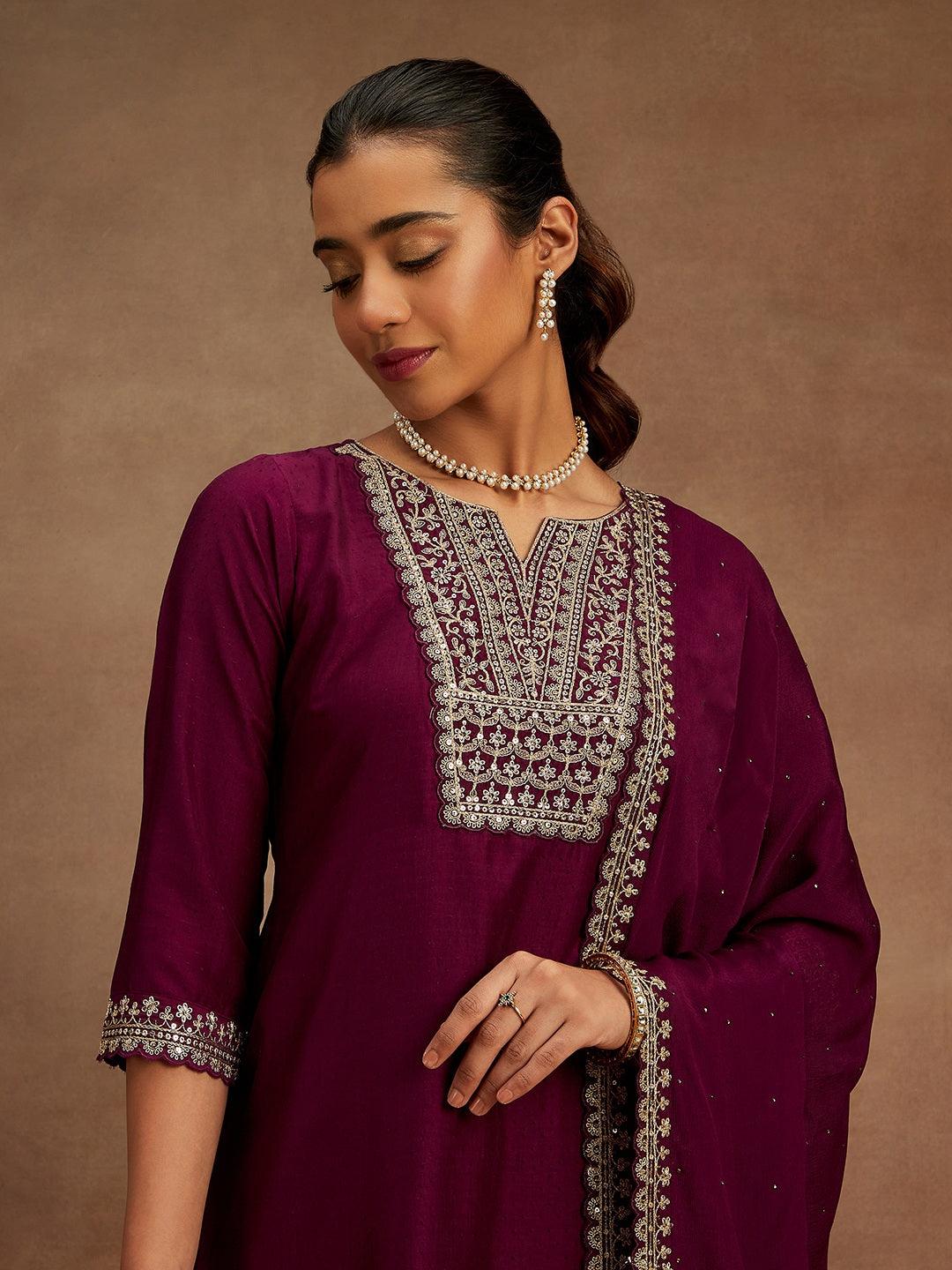 Purple Yoke Design Silk Blend Straight Kurta With Palazzos & Dupatta - ShopLibas