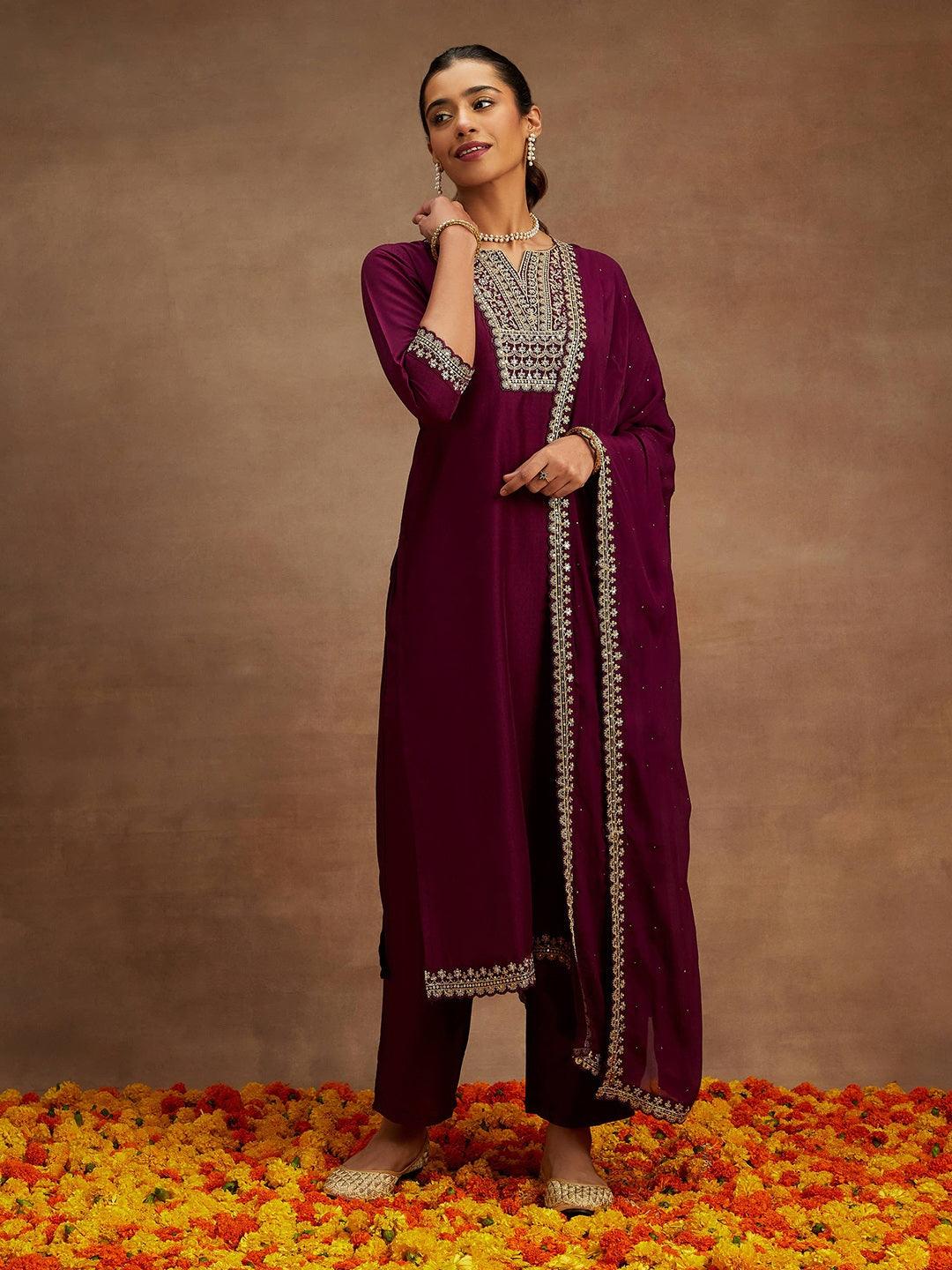 Purple Yoke Design Silk Blend Straight Kurta With Palazzos & Dupatta - ShopLibas