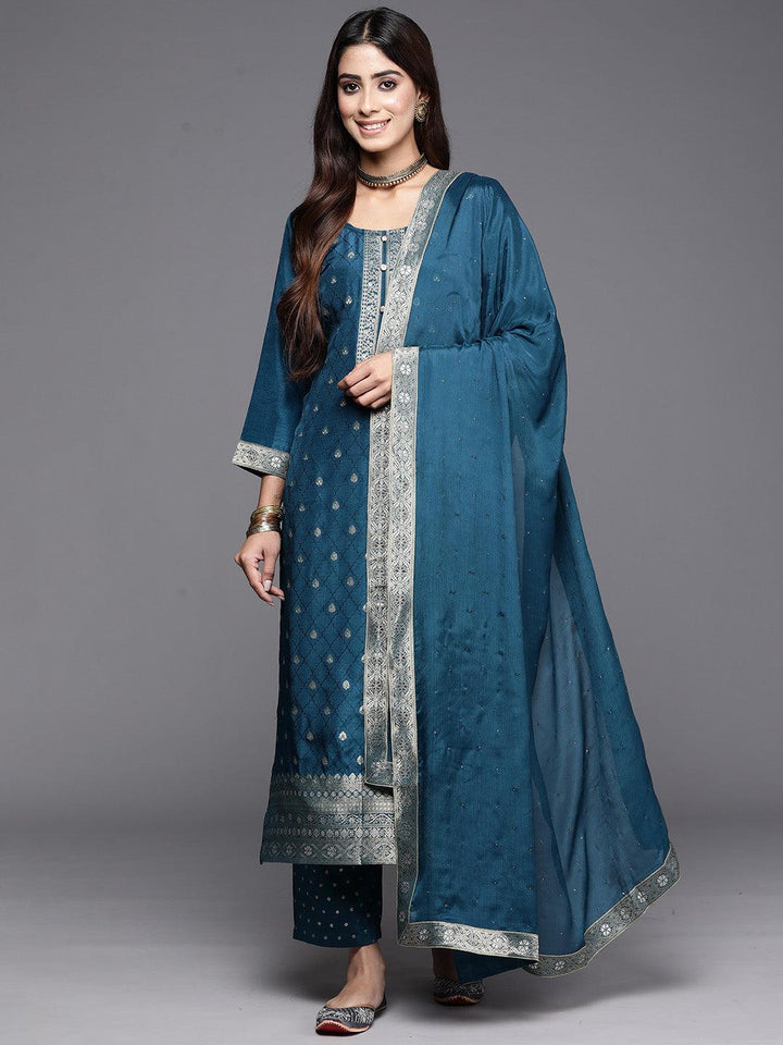 Teal Woven Design Silk Blend Straight Kurta With Trousers & Dupatta - ShopLibas