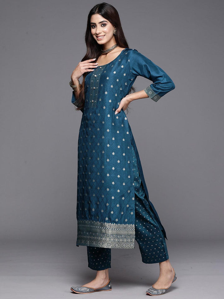 Teal Woven Design Silk Blend Straight Kurta With Trousers & Dupatta - ShopLibas